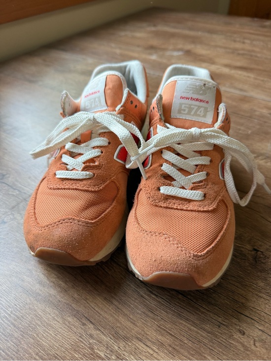 New Balance Shoes - New Balance Orange Suede & Mesh 574 Sneakers with Cream Details